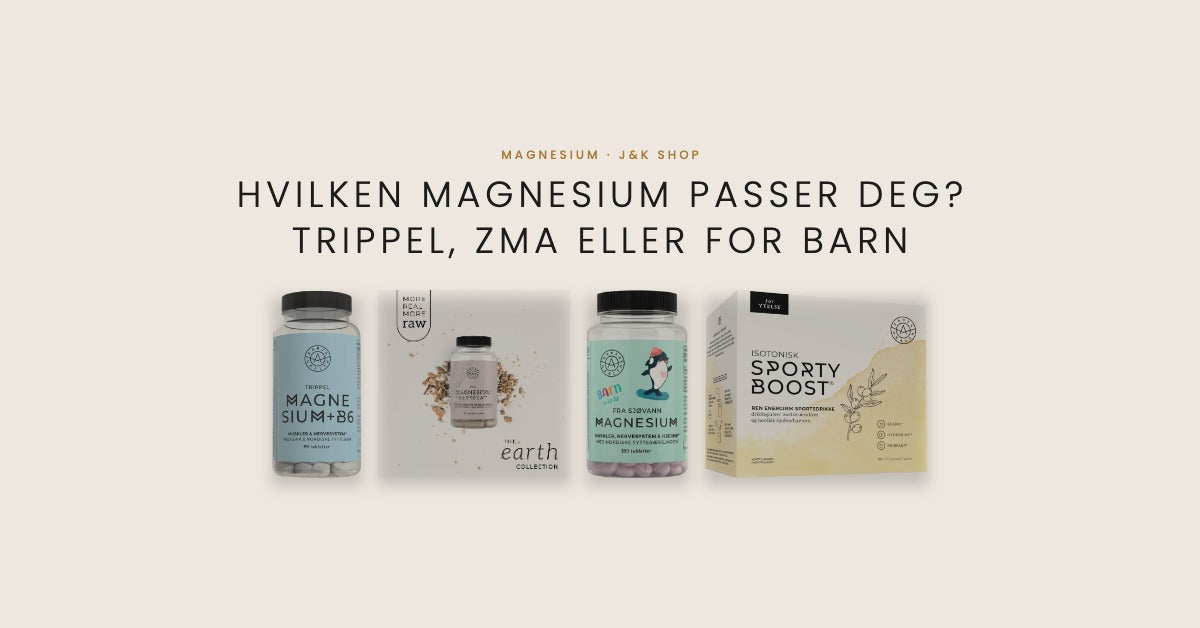 Magnesiumguide fra J&K Shop med Trippel magnesium, ZMA magnesiumglysinat, magnesium for barn og isotonisk sportsdrikk fra Aarja Health