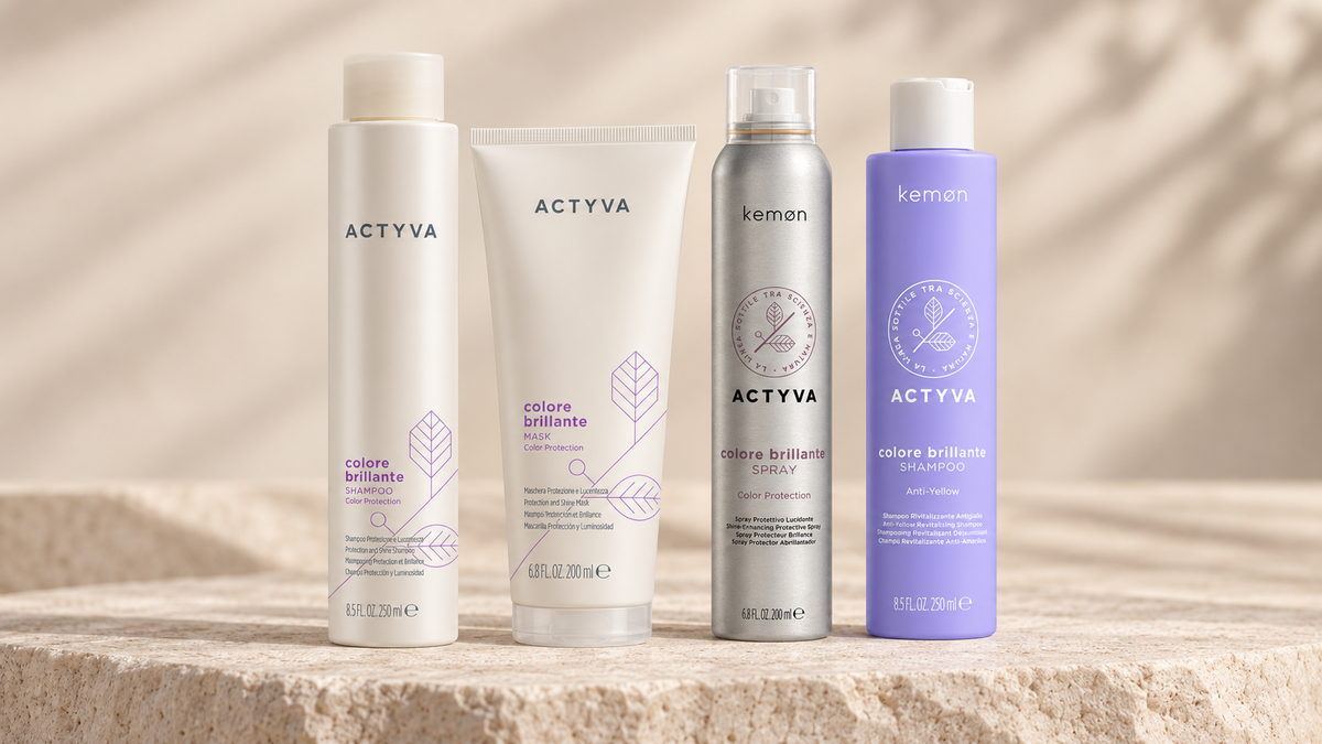 Samlebilde av Actyva Colore Brillante sjampo, maske, spray og Anti-Yellow