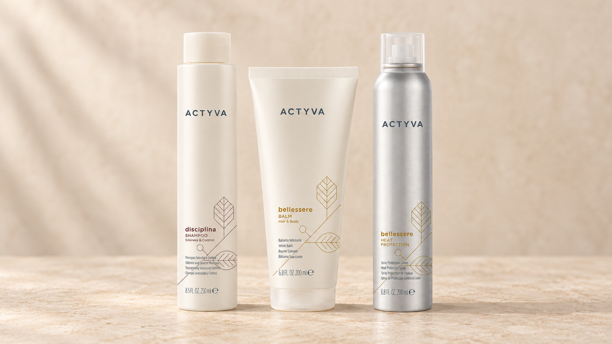 Samlebilde av Actyva Disciplina Shampoo, Bellessere Balm og Heat Protection