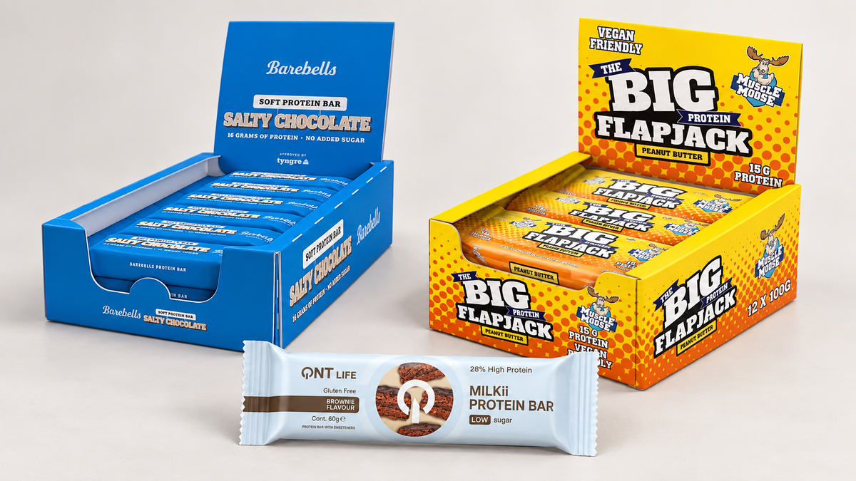 Samlebilde av Barebells Soft Protein Bar, QNT Milkii Protein Bar, Muscle Moose Big Protein FlapJack