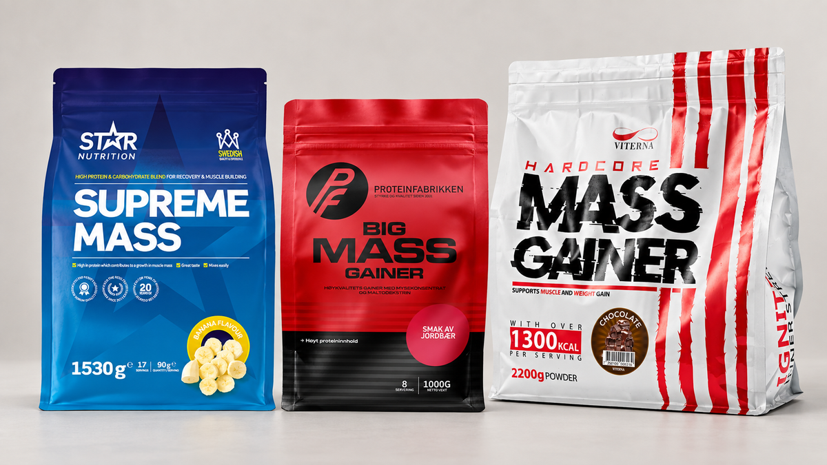 Samlebilde av Star Nutrition Supreme Mass Gainer 1, Proteinfabrikken Big Mass Gainer, Viterna Hardcore Mass Gainer