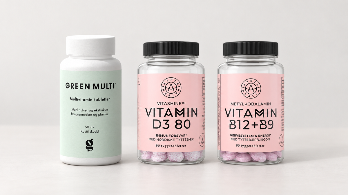 Samlebilde av Good For Me Green Multi 60 tbl., Aarja Health Naturlig D3 & Tyttebær, Aarja Health B12