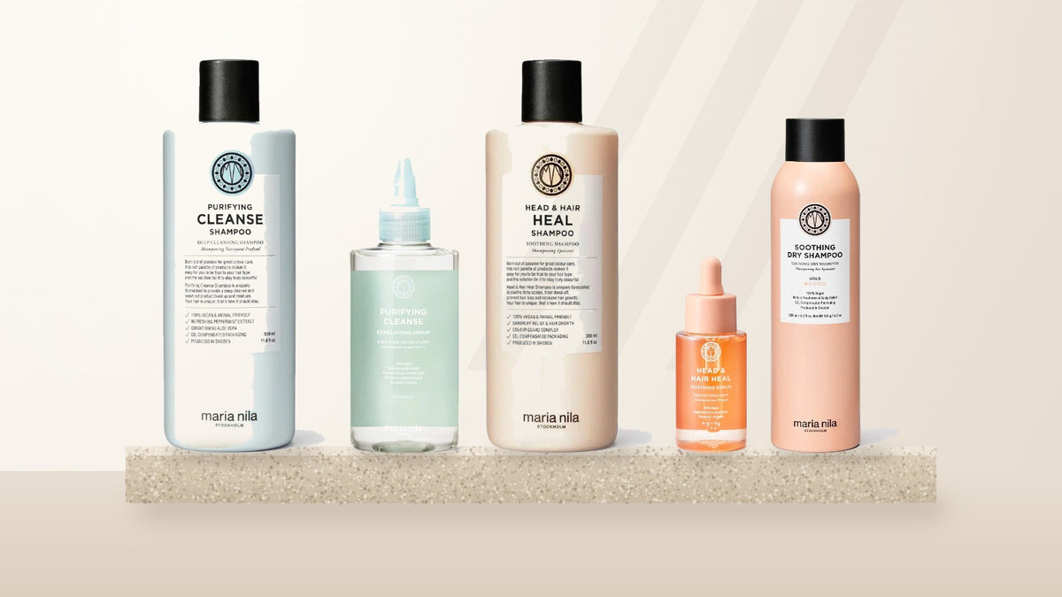 Maria Nila hodebunnsrutine med Purifying Cleanse, Head & Hair Heal og Soothing Dry Shampoo