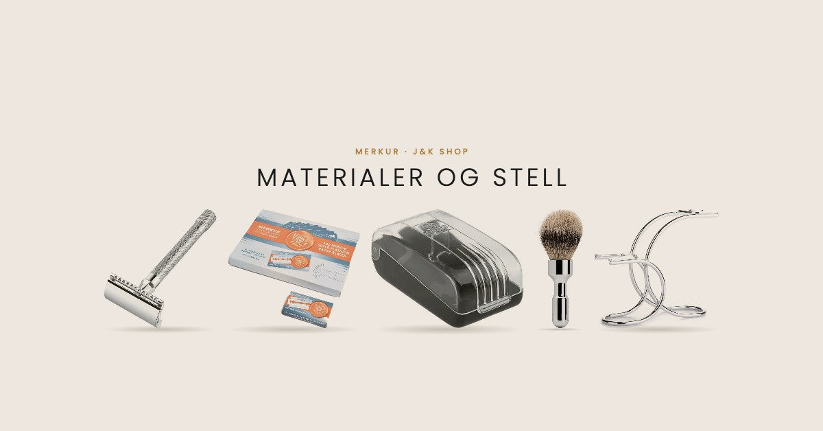 Merkur materialer og stell: barberhøvel 23C, barberblad, plastetui, barberkost og barberstativ