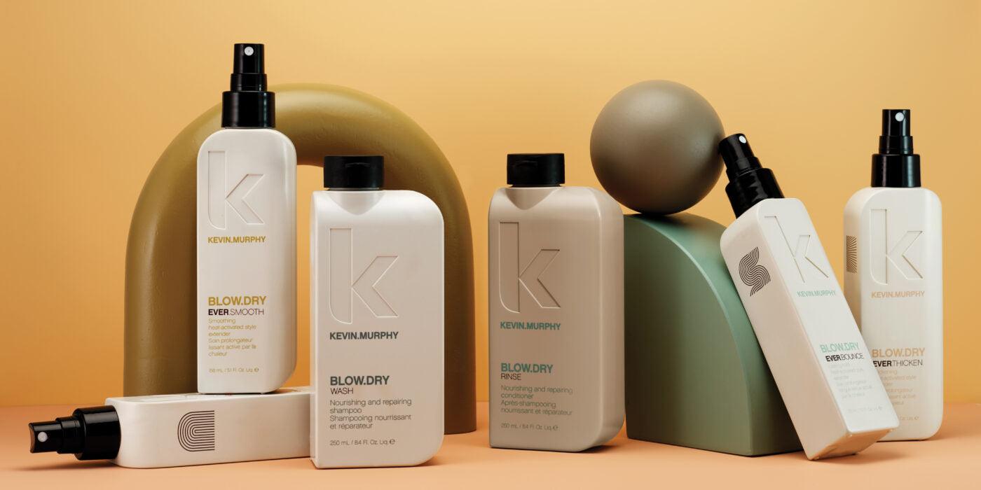 Kevin Murphy Blow Dry hair care products on display against a stylish background