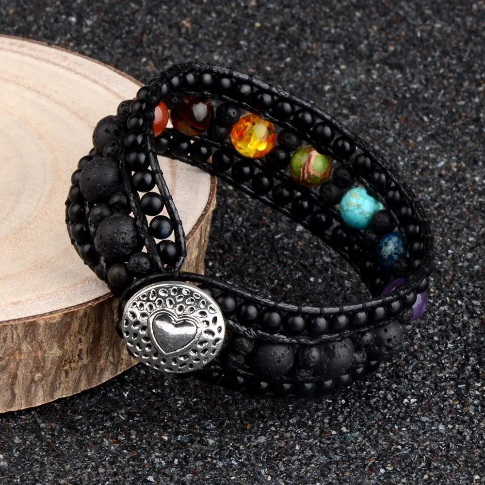 Dobbel læromslagsarmbånd med perler i bøhmisk stil hjertespenne-Armbånd-JKSHOP