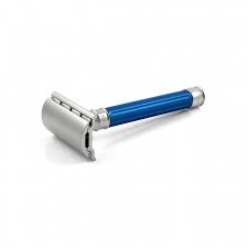Double Edge Stainless Steel safety razor, grooved, anodised blue, 1x pack of Fea - Barberhøvel - JK-Shop