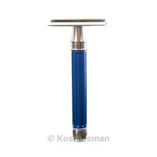 Double Edge Stainless Steel safety razor, grooved, anodised blue, 1x pack of Fea - Barberhøvel - JK-Shop