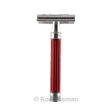 Double Edge Stainless Steel safety razor, grooved, anodised red, 1x pack of Feat - Barberhøvel - JK-Shop