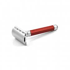 Double Edge Stainless Steel safety razor, grooved, anodised red, 1x pack of Feat - Barberhøvel - JK-Shop