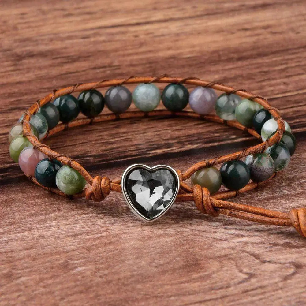 Ekte naturlig stein/perler i hjerteformet med skinnsnor armbånd-Armbånd-JKSHOP