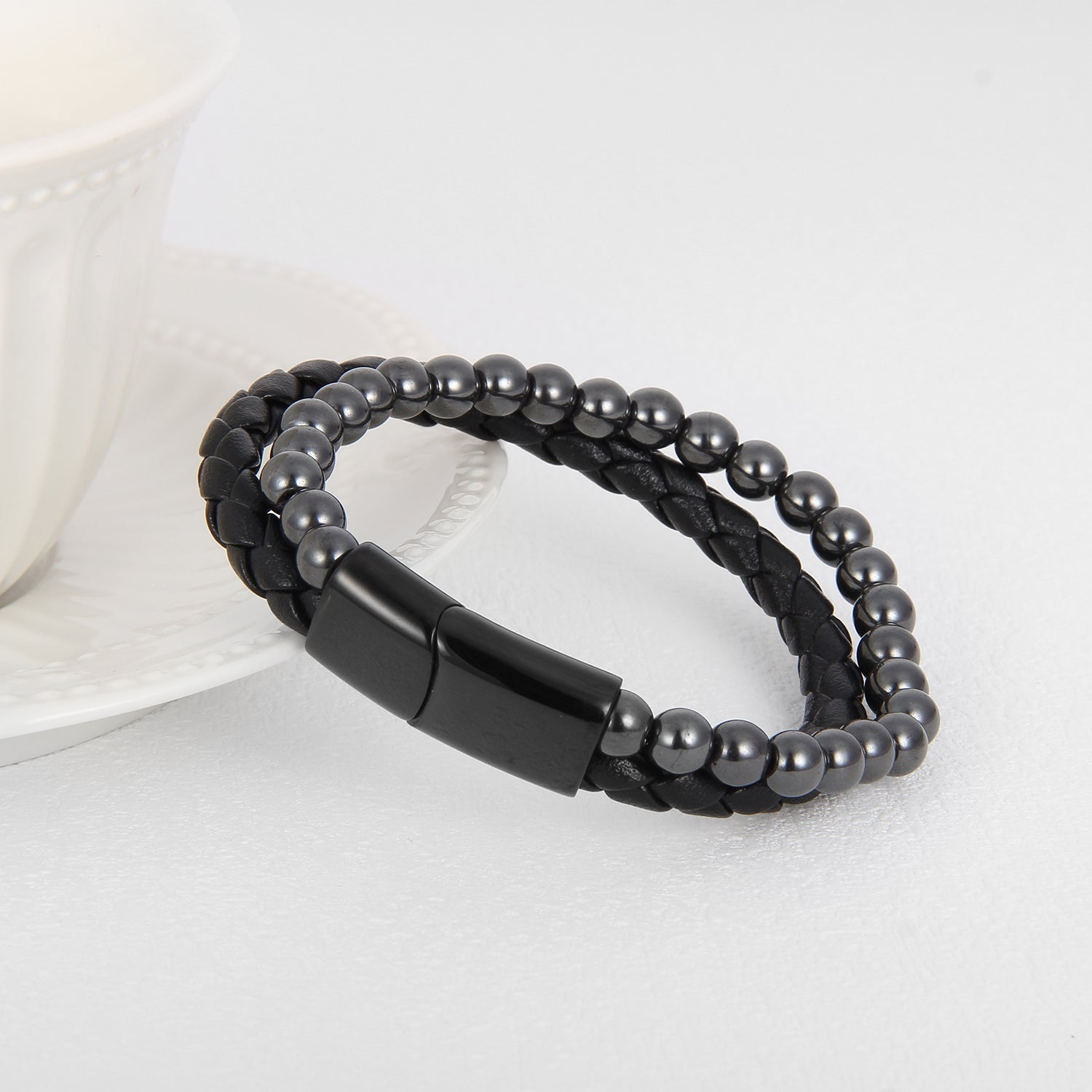 Hematite Magnetico - Flettet Lærarmbånd med Magnetisk Hematitt - - JK-Shop