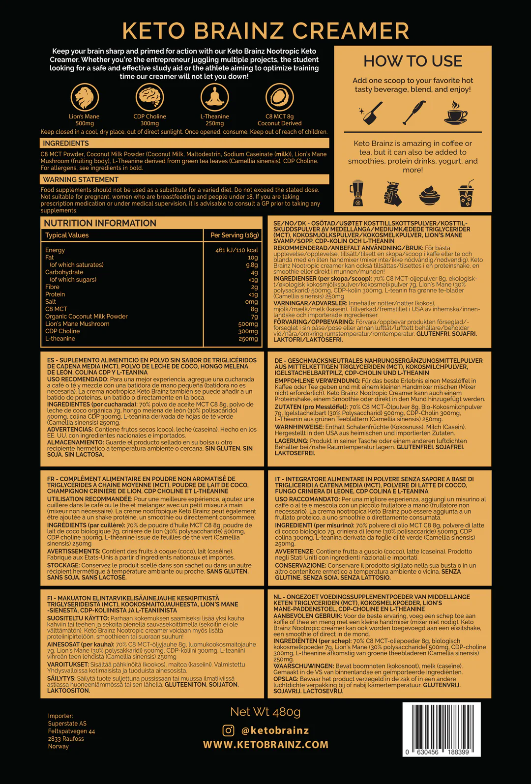 Keto Brainz Nootropic Creamer med C8 MCT olje - 495g - Fokus & Nootropics - JK-Shop