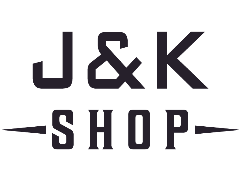 J&K Shop logo with black text and decorative lines on a white background.