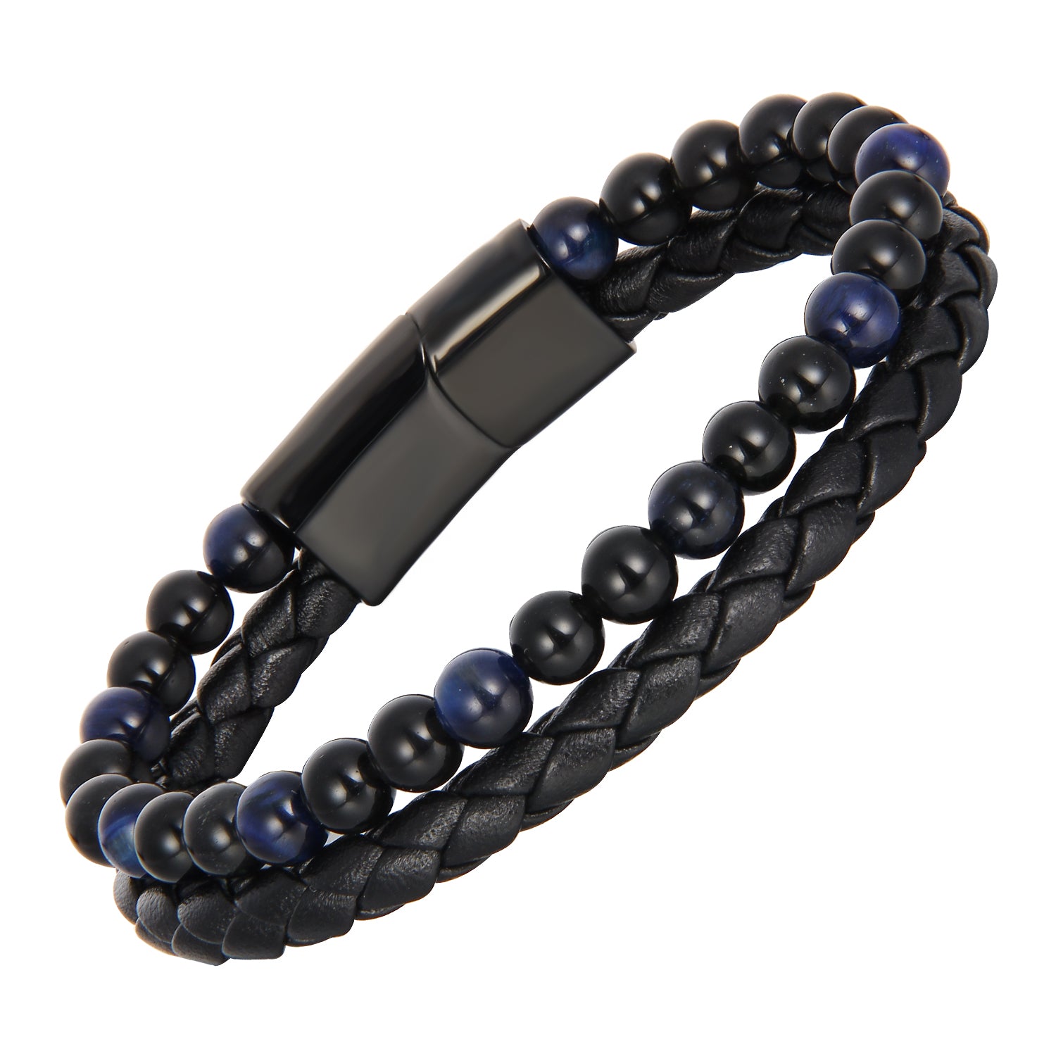 Midnight Magnetico - Flettet Lærarmbånd med Obsidian og Blå Tigerøye - - JK-Shop