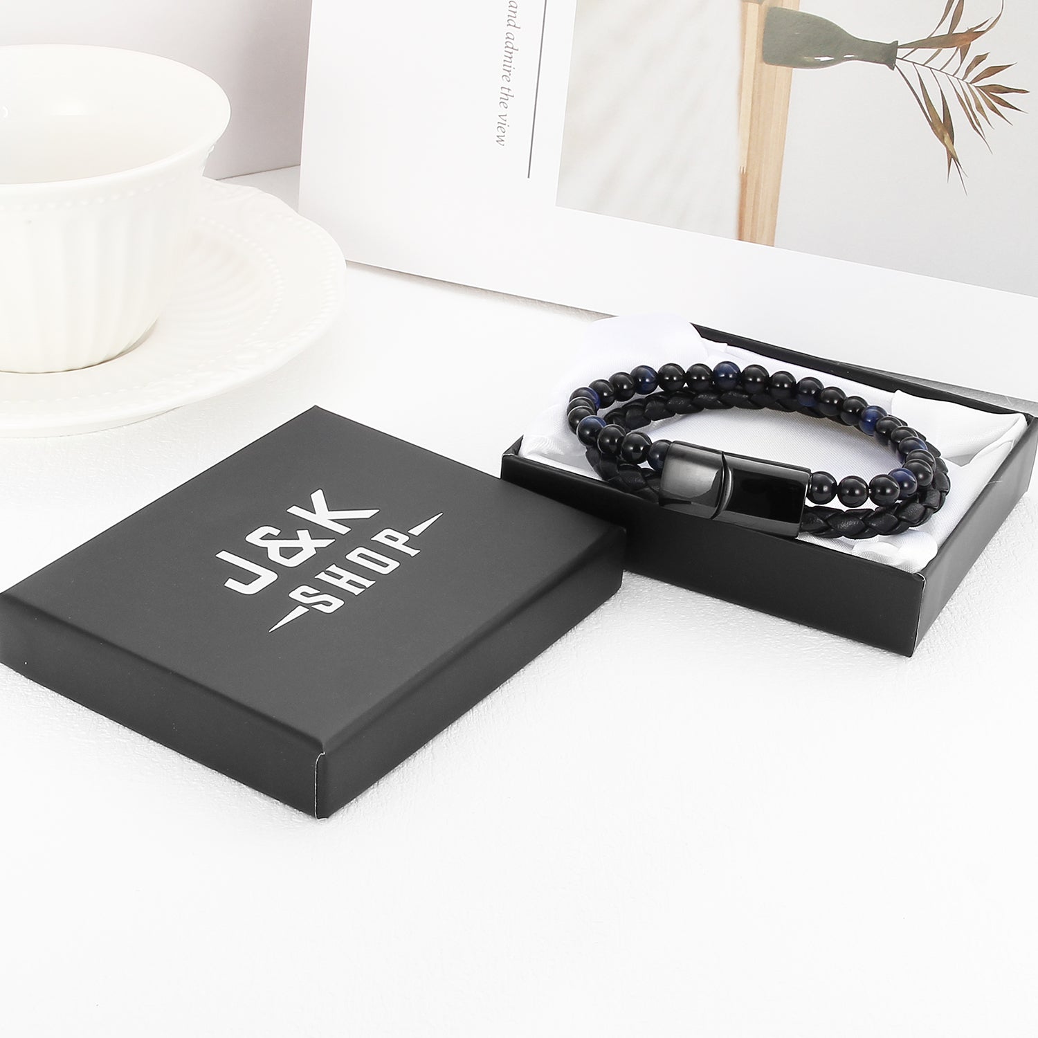 Midnight Magnetico - Flettet Lærarmbånd med Obsidian og Blå Tigerøye - - JK-Shop