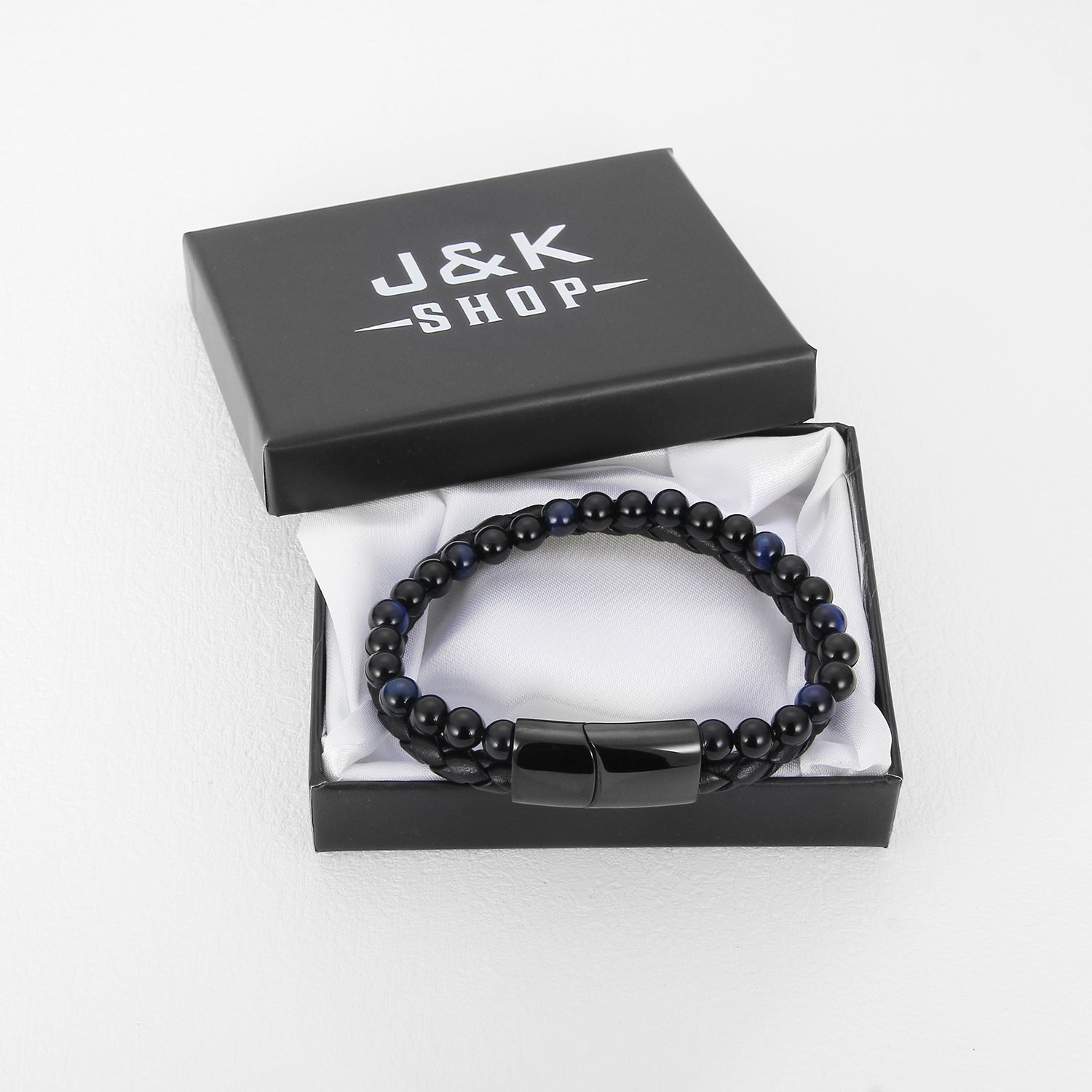 Midnight Magnetico - Flettet Lærarmbånd med Obsidian og Blå Tigerøye - - JK-Shop