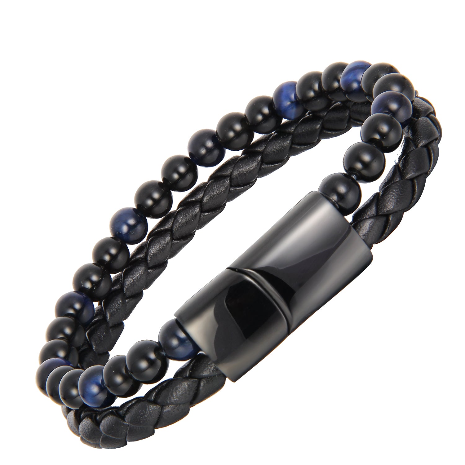 Midnight Magnetico - Flettet Lærarmbånd med Obsidian og Blå Tigerøye - - JK-Shop