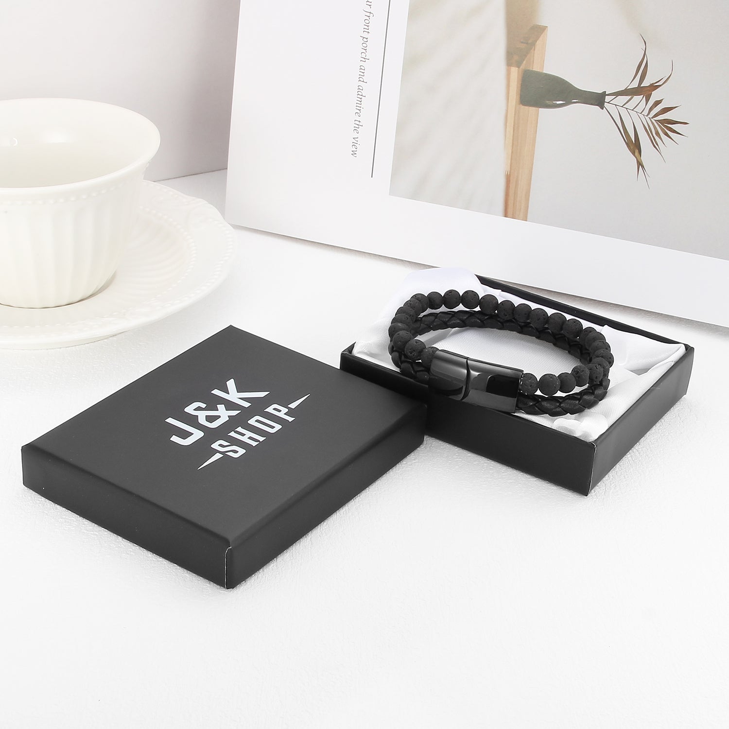 Volcanic Magnetico - Flettet Lærarmbånd med Lavastein