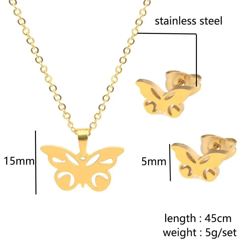 Romantisk sommerfuglhalskjede med øredobber 4 deler-Smykkesett-JKSHOP