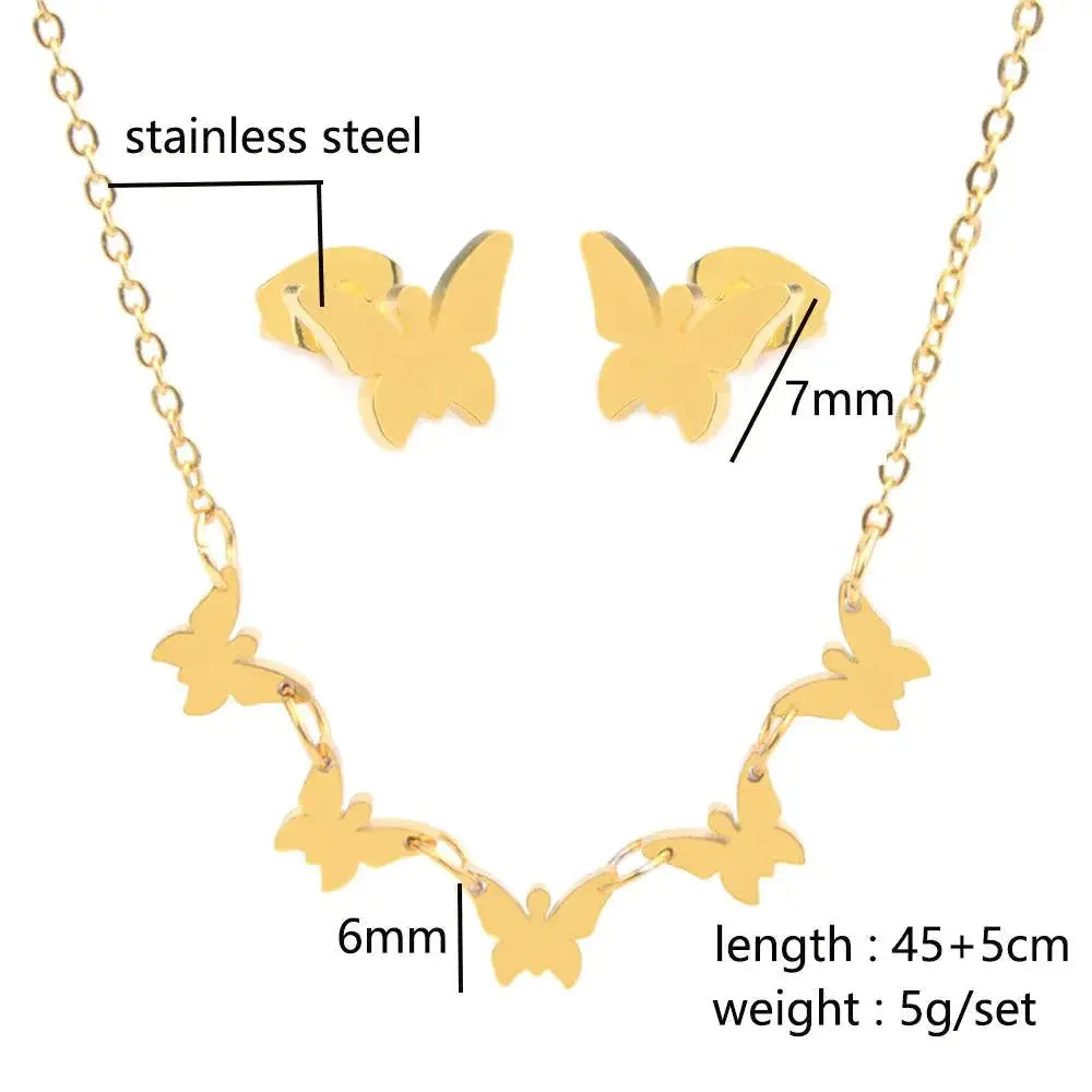 Romantisk sommerfuglhalskjede med øredobber 4 deler-Smykkesett-JKSHOP