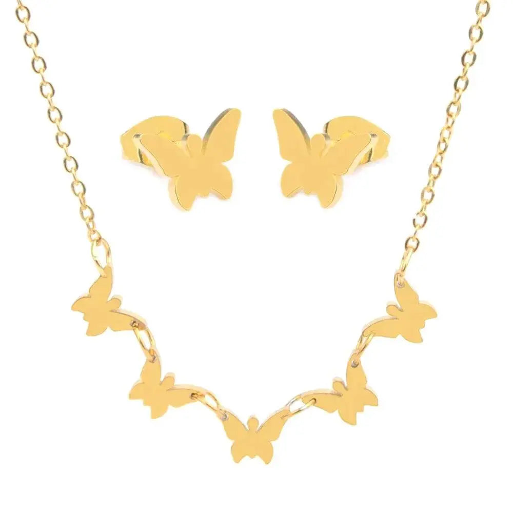 Romantisk sommerfuglhalskjede med øredobber 4 deler-Smykkesett-JKSHOP