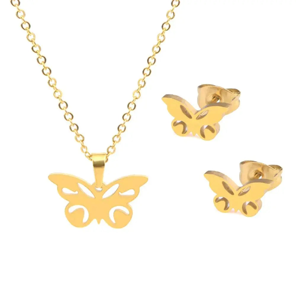 Romantisk sommerfuglhalskjede med øredobber 4 deler-Smykkesett-JKSHOP