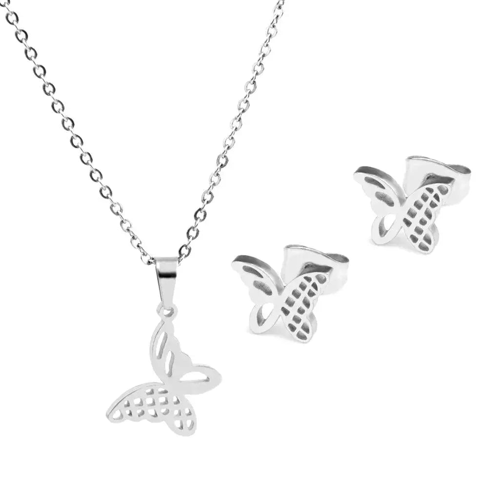 Romantisk sommerfuglhalskjede med øredobber 4 deler-Smykkesett-JKSHOP