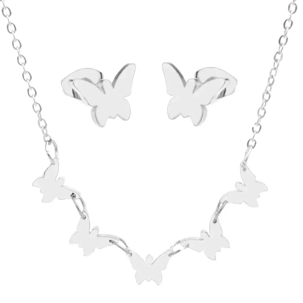 Romantisk sommerfuglhalskjede med øredobber 4 deler-Smykkesett-JKSHOP