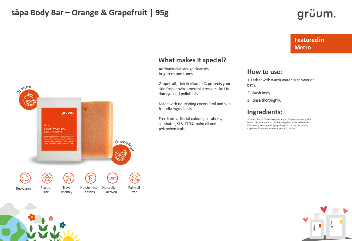 grüum såpa Zero Plastic Body Bar - Orange & Grapefruit-Kroppssåpe-JKSHOP