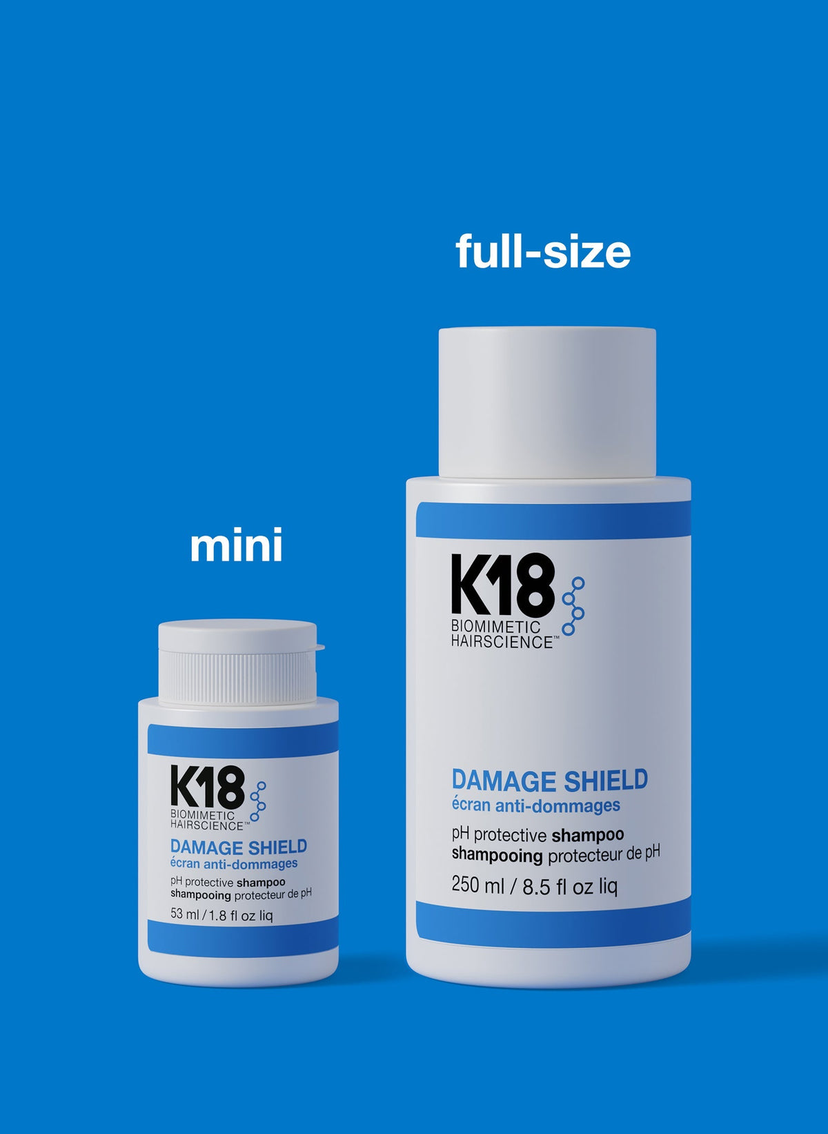 K18 Damage Shield Shampoo 53 ml og 250 ml størrelsessammenligning