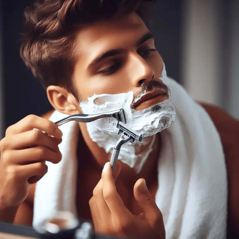 Man shaving with razor and shaving cream, preparing skin and beard for a close shave.