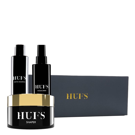 HUFS stylingprodukter: Gold Styling Set med Arctic Shampoo, Ocean Spray og Shaper