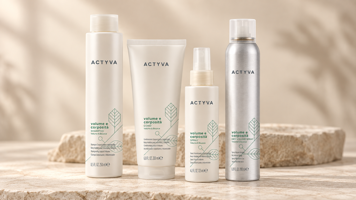 Samlebilde av Actyva Volume e Corposità sjampo, balsam, volumspray og tørr volumspray