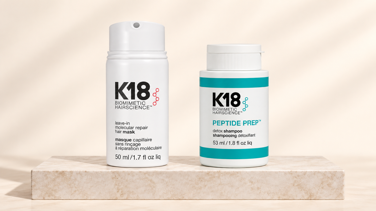 K18 Molecular Repair Mask og Peptide Prep Detox Shampoo på lys steinplate