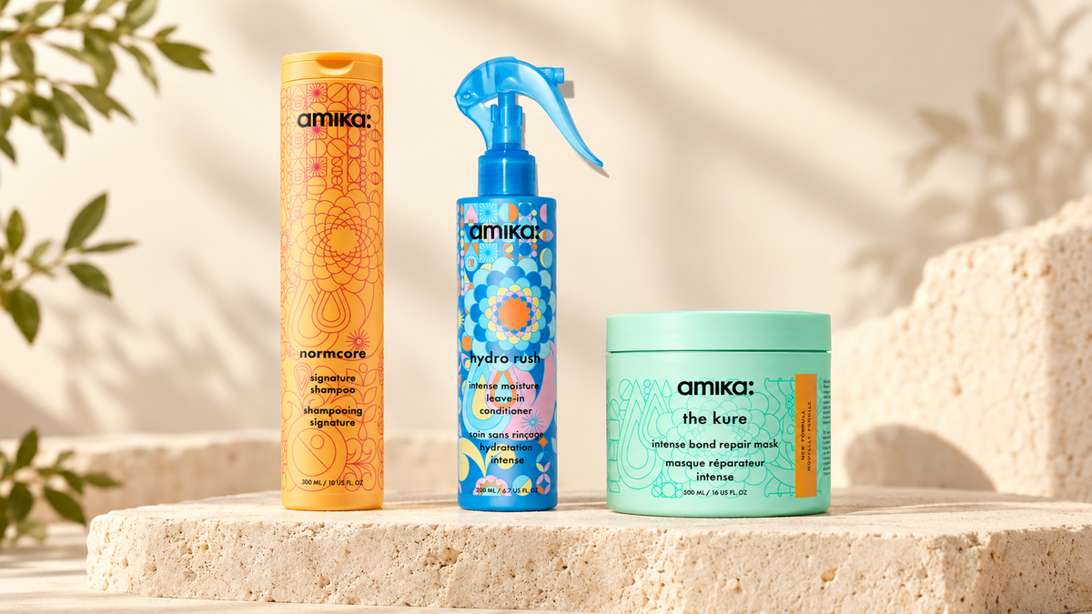 Amika Normcore sjampo, Hydro Rush leave-in og The Kure hårmaske