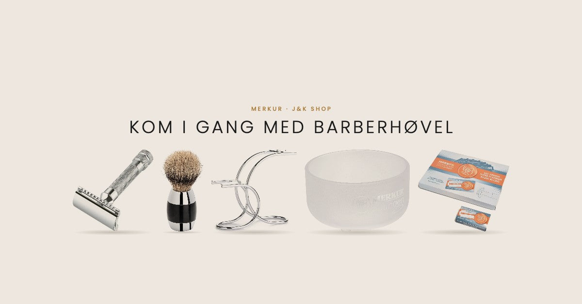 Kom i gang med barberhøvel: Merkur 34C, barberkost, barberstativ, barberskål og barberblad