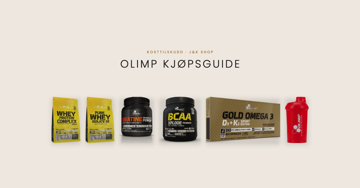 Olimp kjøpsguide med whey protein, kreatin, BCAA, omega-3 og shaker fra Olimp Sport Nutrition
