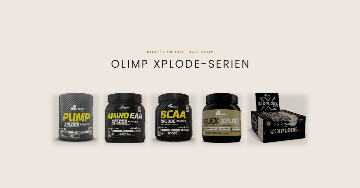 Olimp Xplode-serien med Pump, Amino EAA, BCAA, Flex og Protein Xplode Bar
