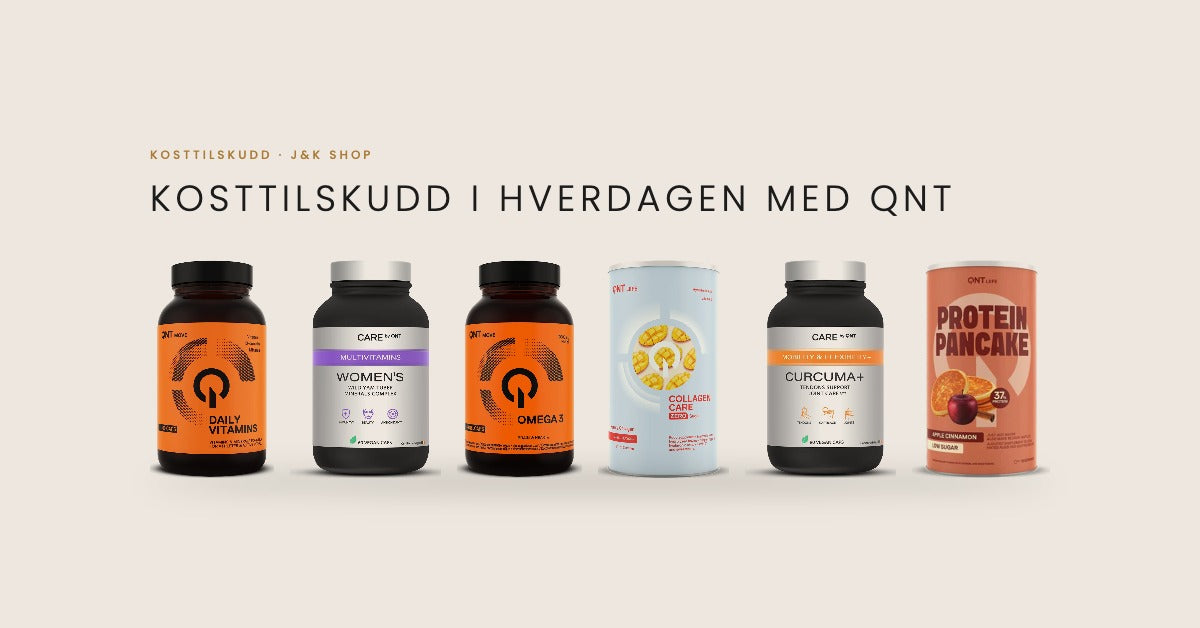 QNT kosttilskudd i hverdagen: Daily Vitamins, Multivitamin Women's, Omega 3, Collagen Care, Care Curcuma+ og Protein Pancake