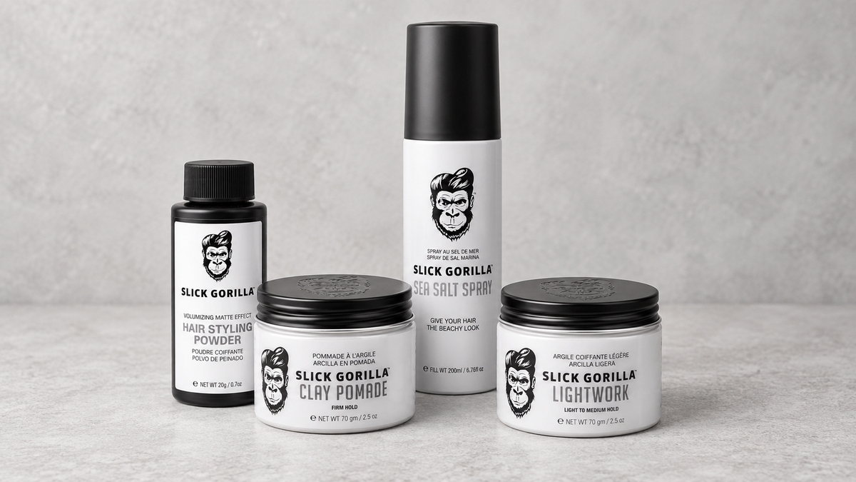 Samlebilde av Slick Gorilla Hair Styling Powder, Sea Salt Spray, Clay Pomade og Lightwork