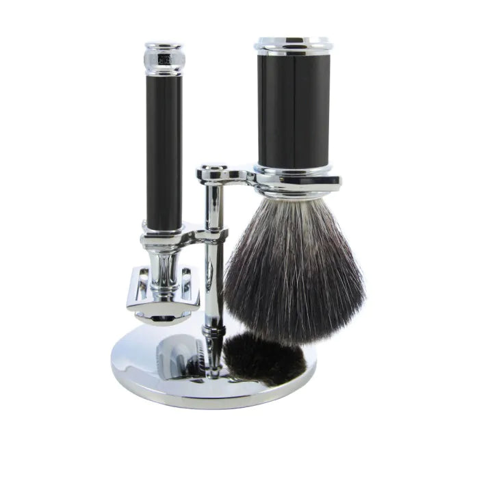 3pc set, DE razor, imitation ebony, shaving brush, black synthetic fibre with st - Barbersett - JK-Shop