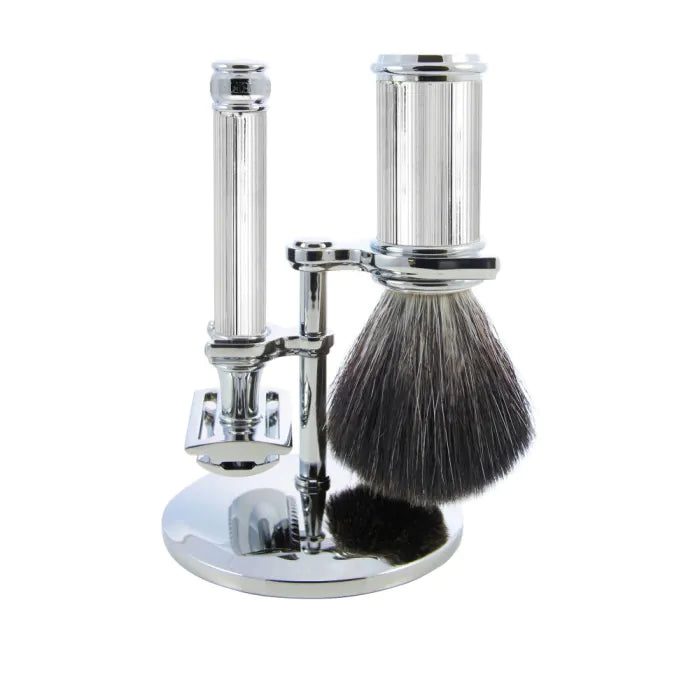 3pc set, DE razor, shaving brush, black synthetic fibre with stand, chrome plate - Barberhøvel - JK-Shop