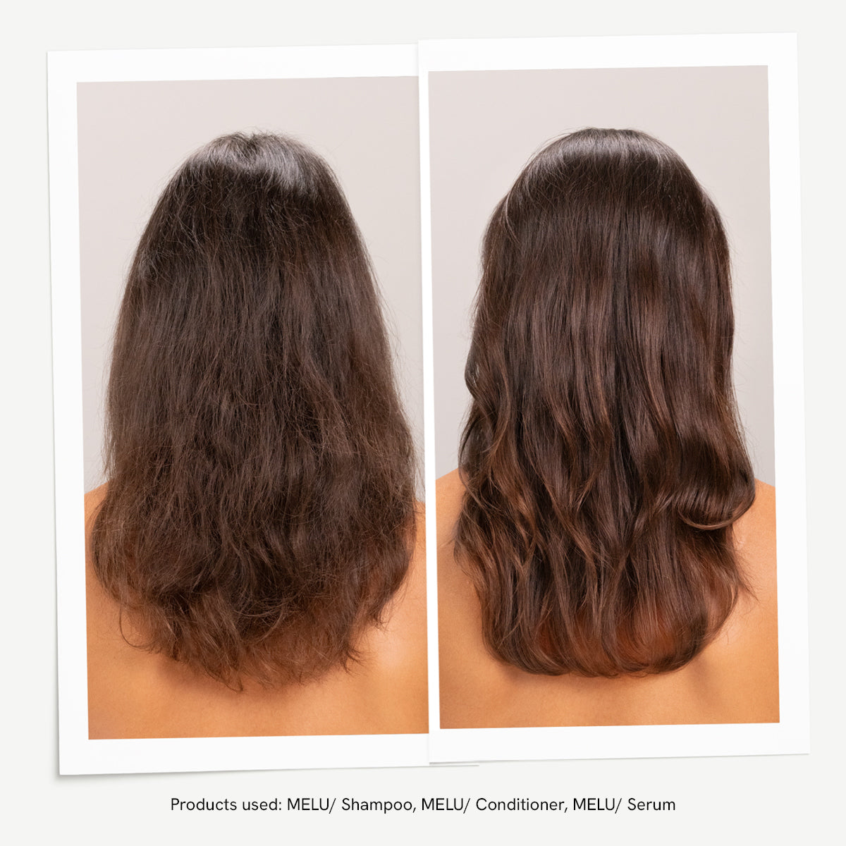 Før og etter med Davines Melu-rutinen fra Essential Haircare