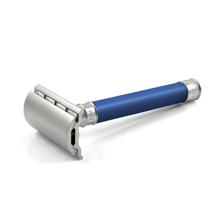 Double Edge Stainless Steel safety razor, blue, 1x pack of Feather razor blades - Barberhøvel - JK-Shop