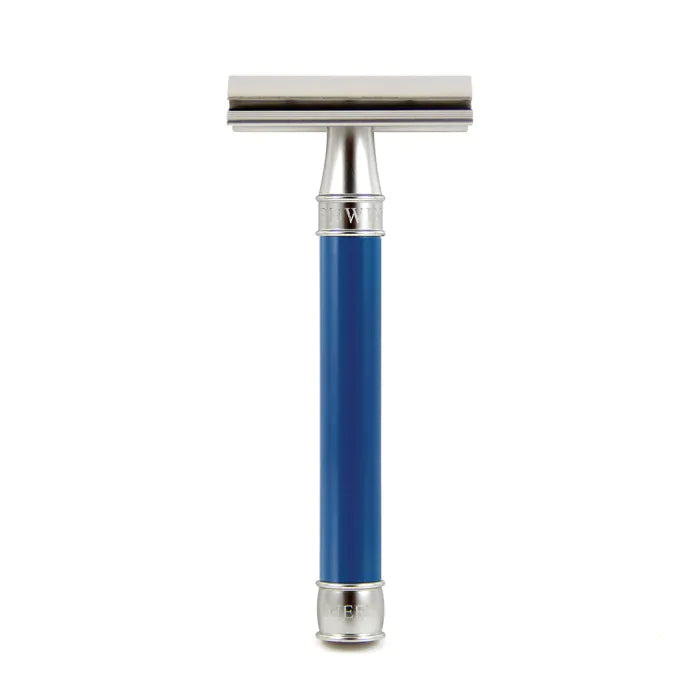 Double Edge Stainless Steel safety razor, blue, 1x pack of Feather razor blades - Barberhøvel - JK-Shop