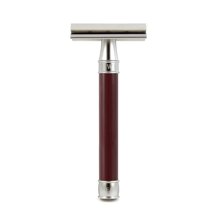 Double Edge Stainless Steel safety razor, burgundy, 1x pack of Feather razor blades - Barbersett - JK-Shop