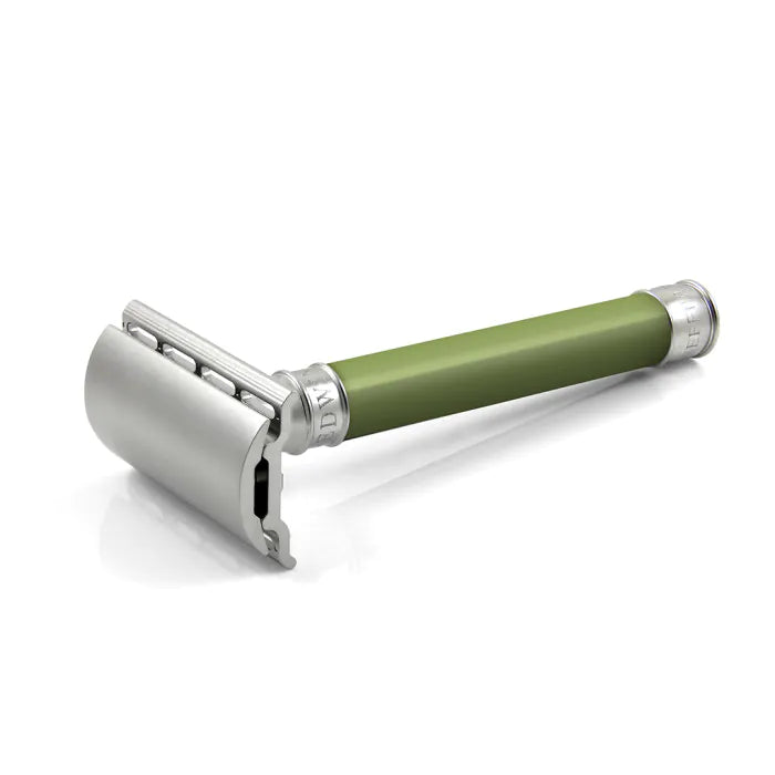 Double Edge Stainless Steel safety razor, green, 1x pack of Feather razor blades - Barberhøvel - JK-Shop