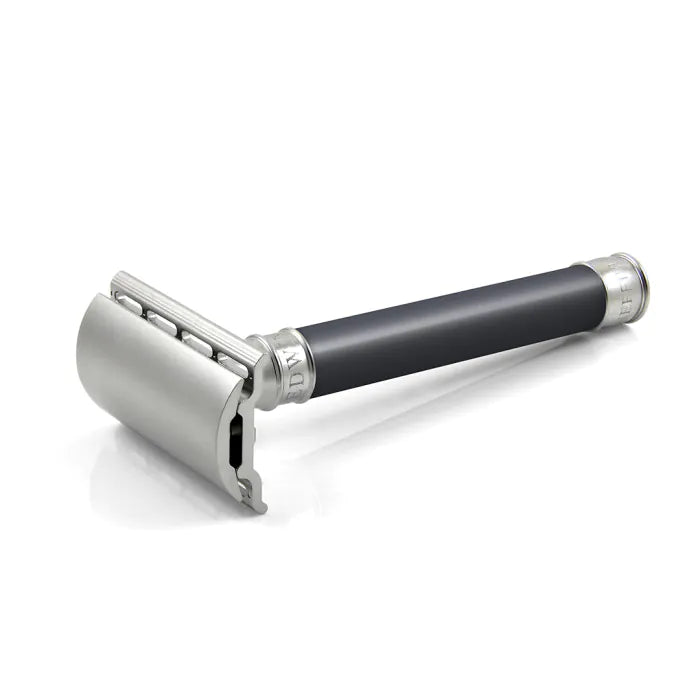 Double Edge Stainless Steel safety razor, grey-blue, 1x pack of Feather razor blades - Barberhøvel - JK-Shop