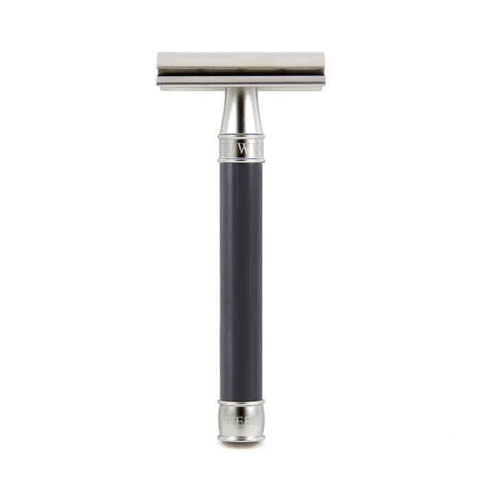 Double Edge Stainless Steel safety razor, grey-blue, 1x pack of Feather razor blades - Barberhøvel - JK-Shop